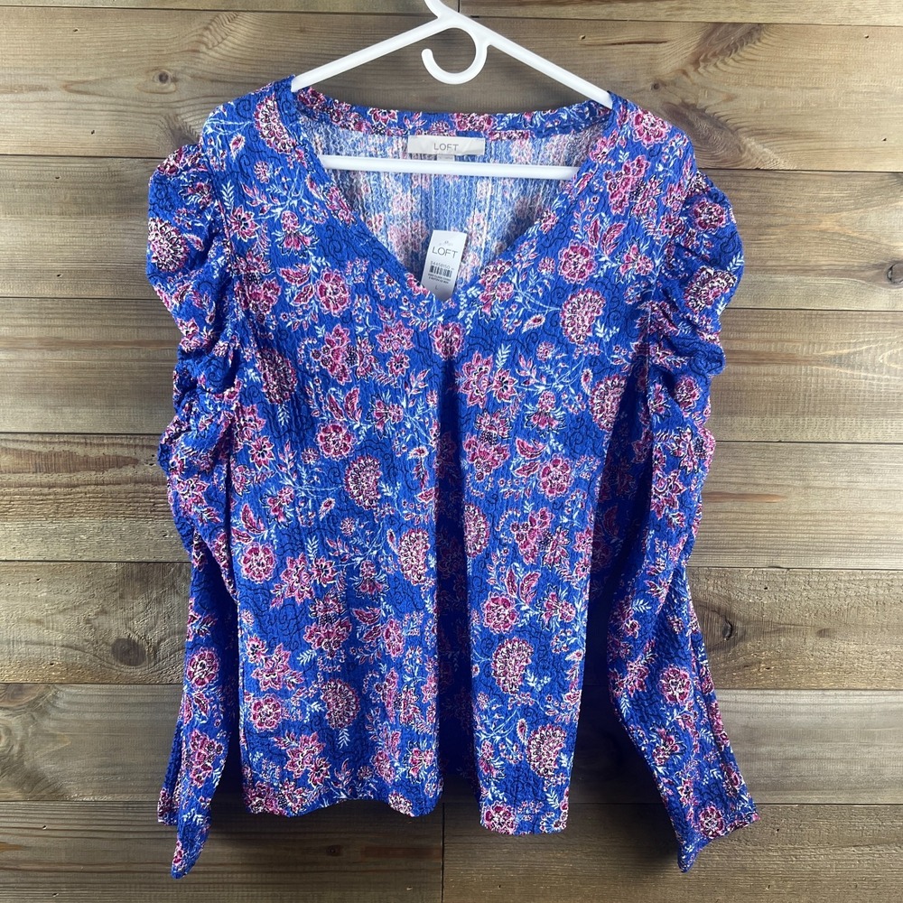 Loft Womens Shirt Garden Shirred Puff Sleeve Cerulian Star Floral Peasant Large